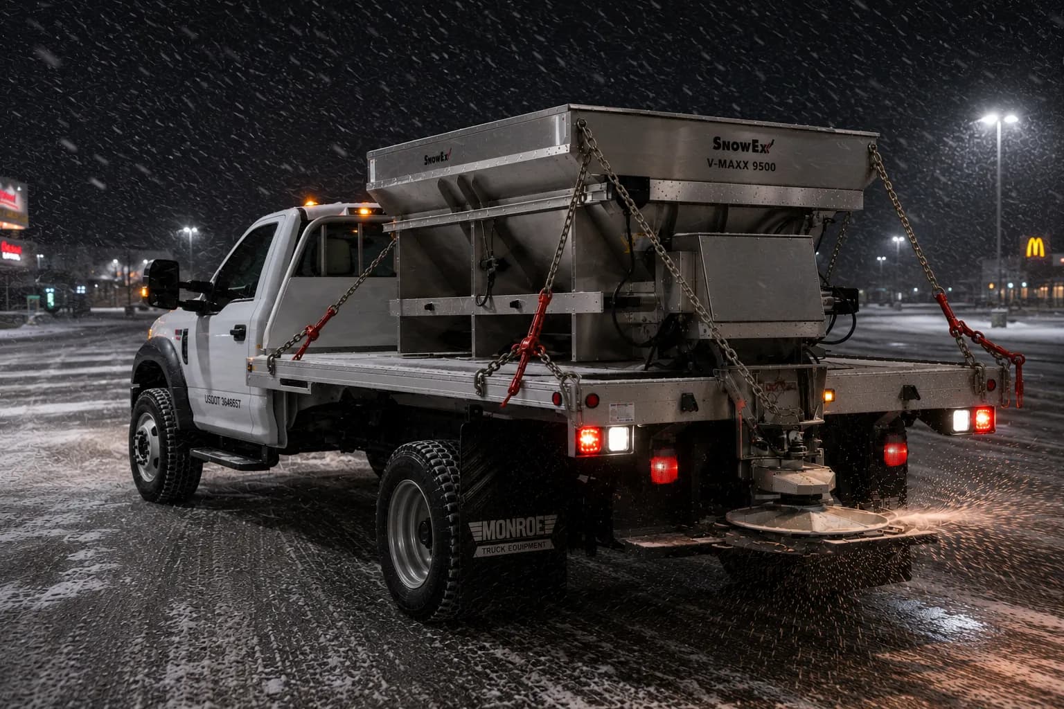 Salt truck with a stainless spreader treating a commercial parking lot at night in Fond du Lac, Wisconsin