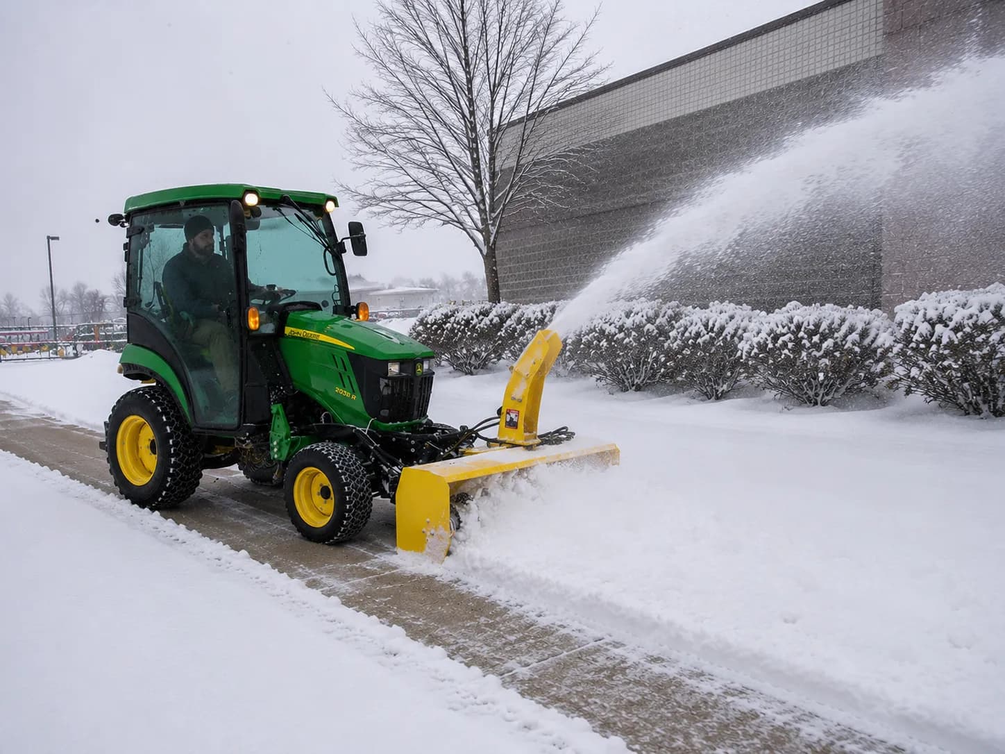 Compact tractor with a front-mounted snow blower clearing a commercial sidewalk in Fond du Lac, Wisconsin