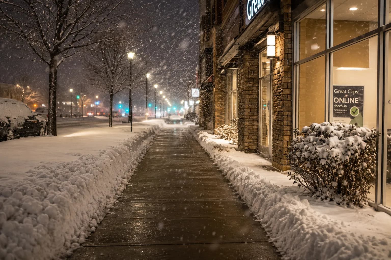 Cleared and treated commercial sidewalk along a storefront at night in Fond du Lac, Wisconsin